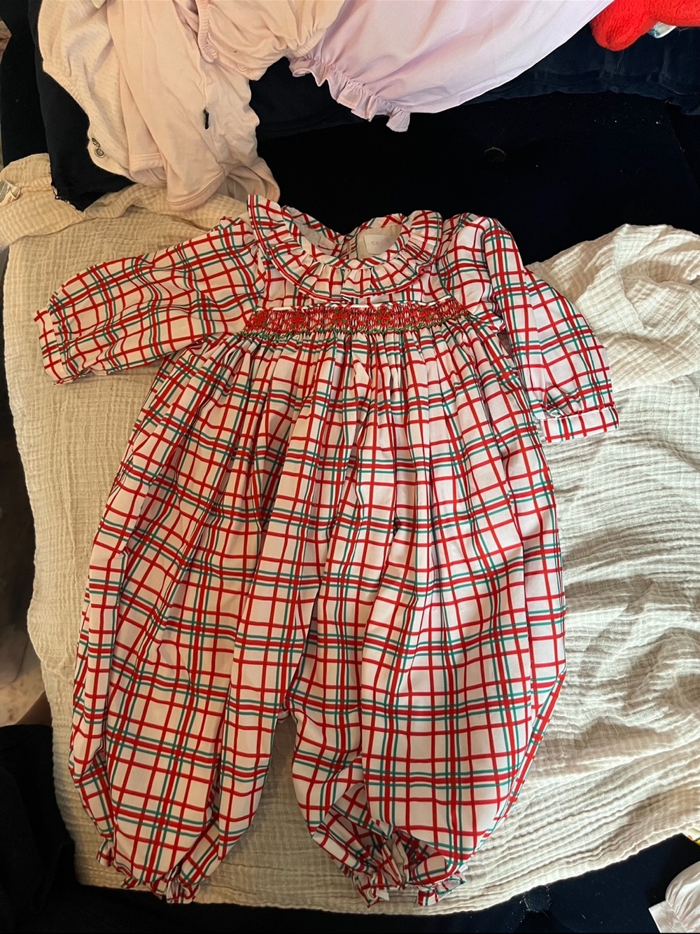 Red and Green Plaid Smocked Baby Romper long bubble